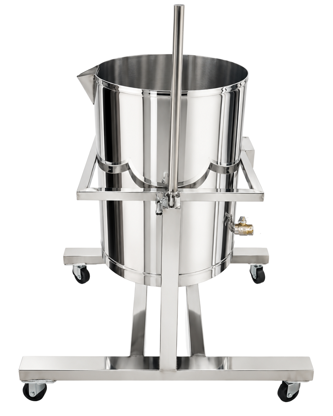 Heated tilting process kettle upright for lower-spout pouring