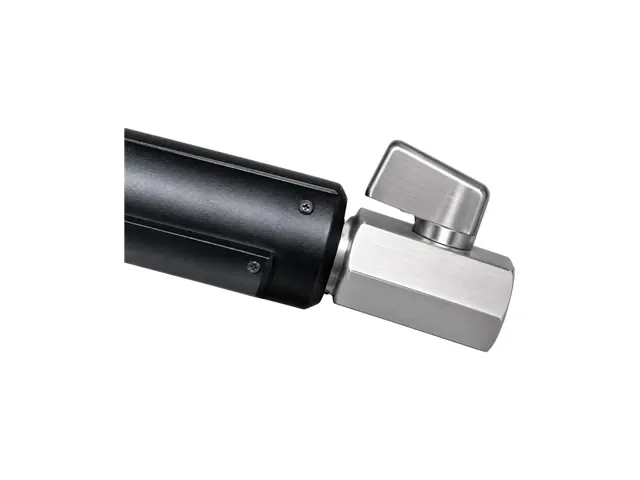 Close-up of the filler's stainless ball valve and nozzle at the end of the heated hose