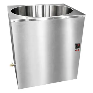 PRIMO 1000 melter with the lid off, showing the round stainless tank opening