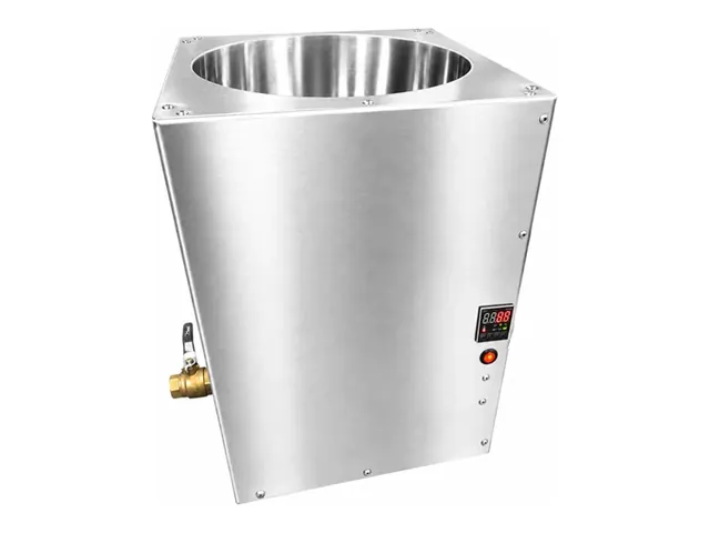 PRIMO round wax melter with the lid off, showing the round polished stainless steel tank with no corners