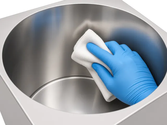 Illustration: gloved hand wiping a cool, empty round stainless tank with a cloth