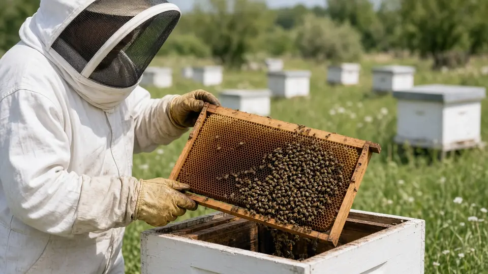 Illustration: beekeeper in a ventilated bee suit and veil lifting a capped honey frame from a wooden hive