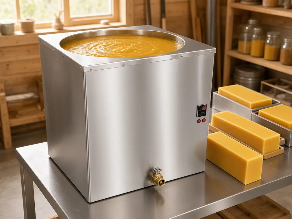 Illustration: stainless waterless melting tank holding molten beeswax beside yellow beeswax blocks