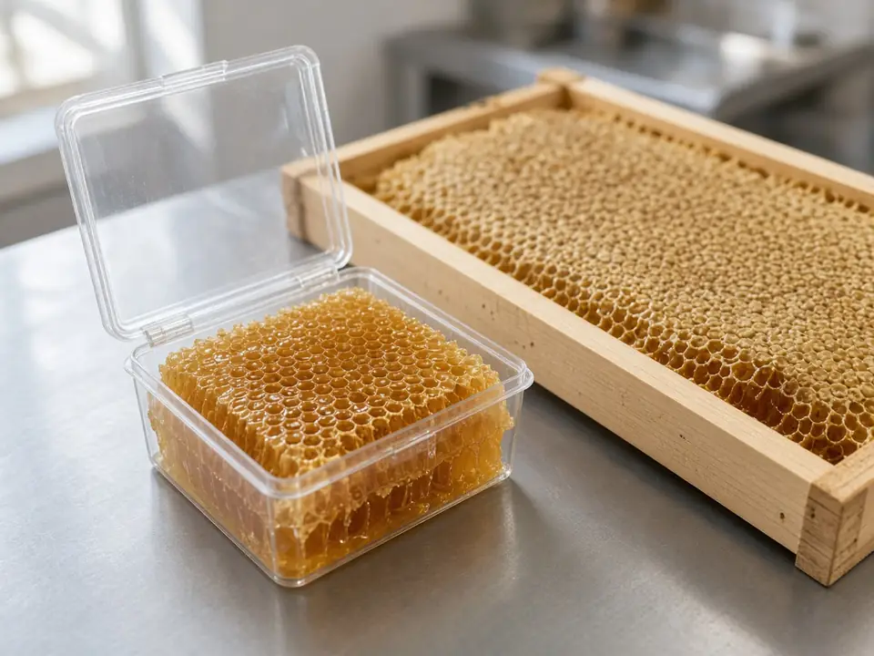 Illustration: cut comb honey in a clear box beside a wooden frame of capped comb