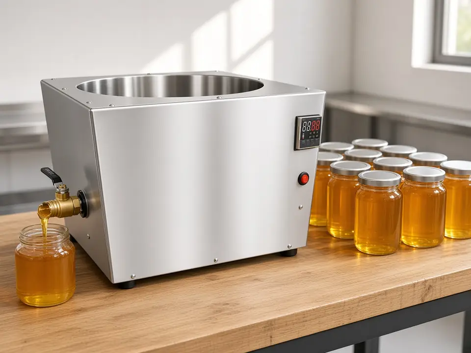Illustration: stainless heated tank filling glass honey jars from its valve