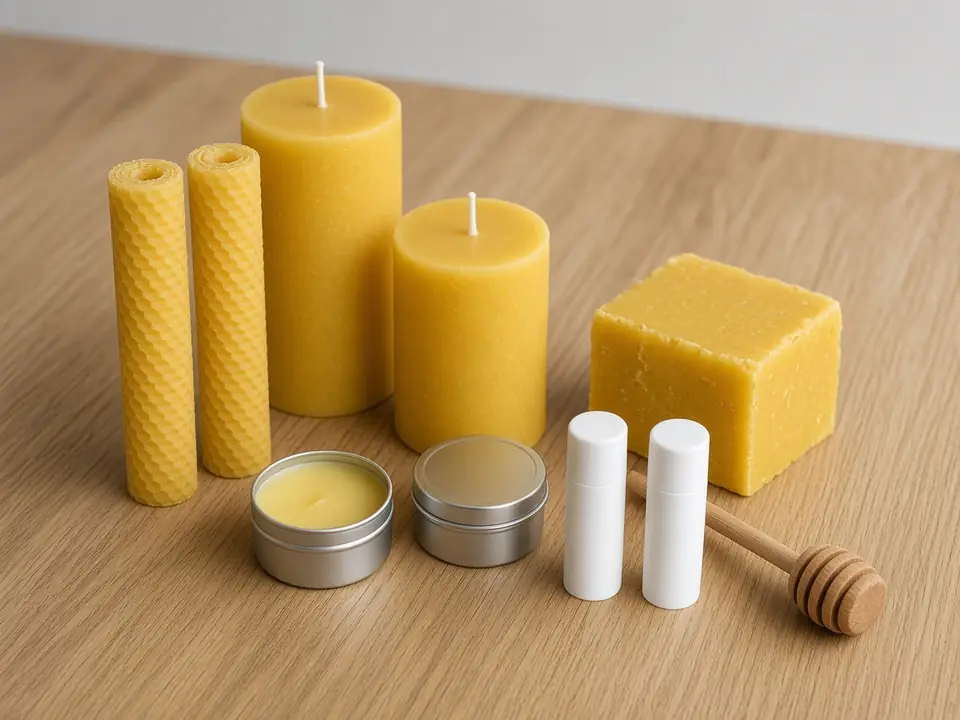 Illustration: beeswax pillar and rolled candles, lip balm tins and tubes and a beeswax block
