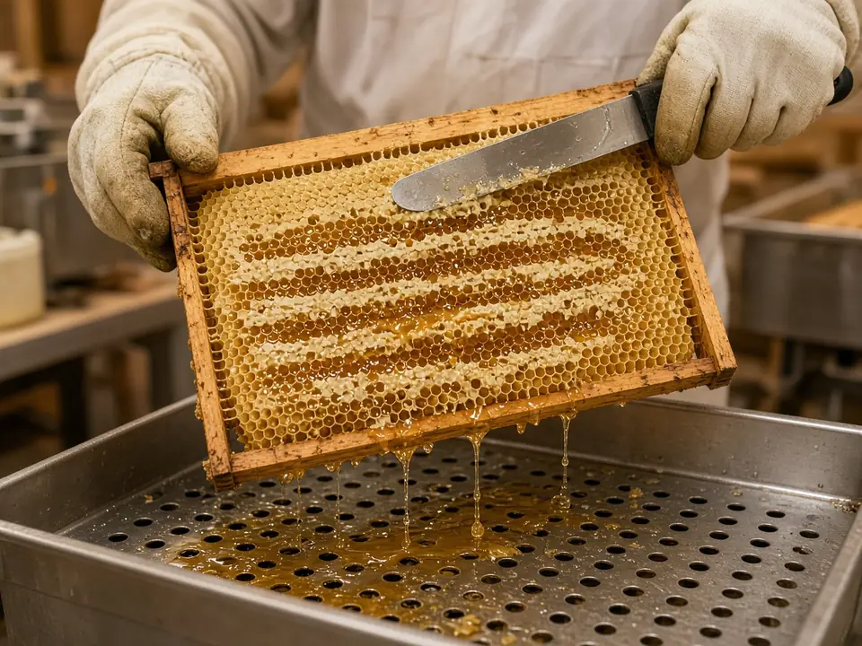 Illustration: uncapping a wooden honey frame over a stainless uncapping tray