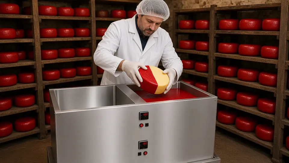 Illustration: cheesemaker lifting a half waxed cheese wheel from a stainless cheese wax dipping tank