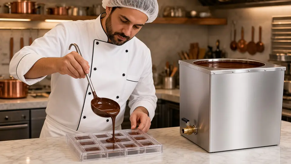 Illustration: chocolatier filling bar molds beside a stainless tank of melted chocolate