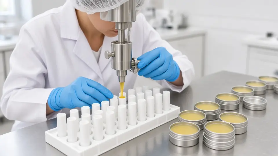 Illustration: technician filling blank lip balm tubes with warm balm from a heated nozzle