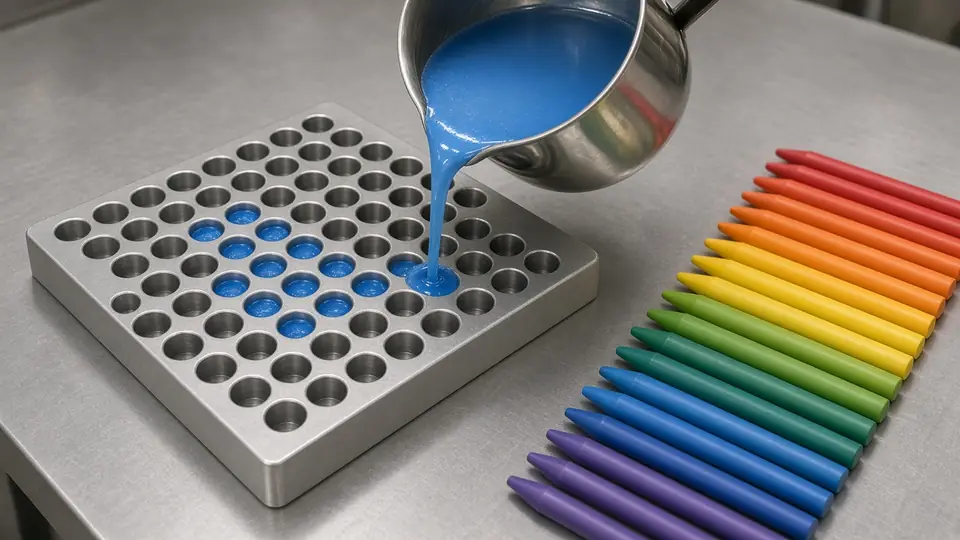 Illustration: molten blue wax poured into a round hole crayon mold beside rainbow crayons