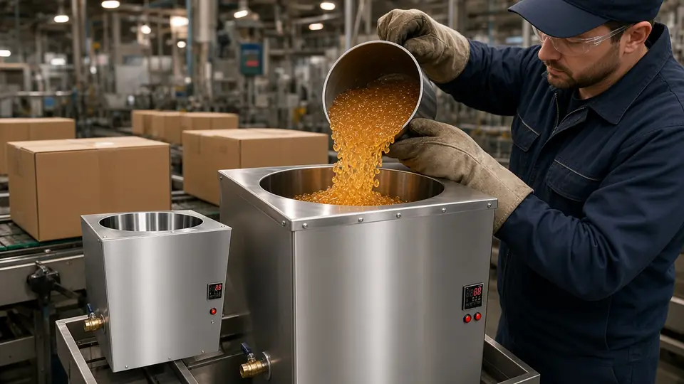 Illustration: worker loading adhesive pellets into a stainless melting tank in a packaging plant
