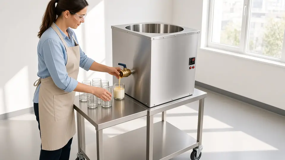 Illustration: one operator filling candle jars from a stainless melting tank on a cart