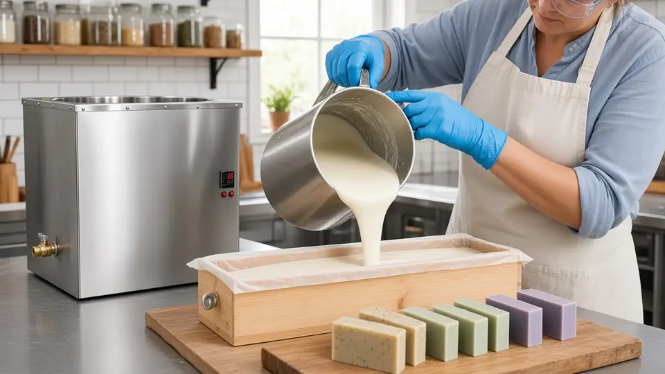 Illustration: soap maker in goggles and gloves pouring soap batter into a wooden loaf mold