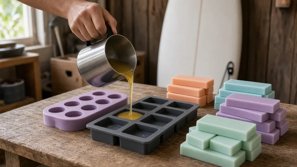 Illustration: molten wax poured into silicone bar molds beside stacked surf wax bars
