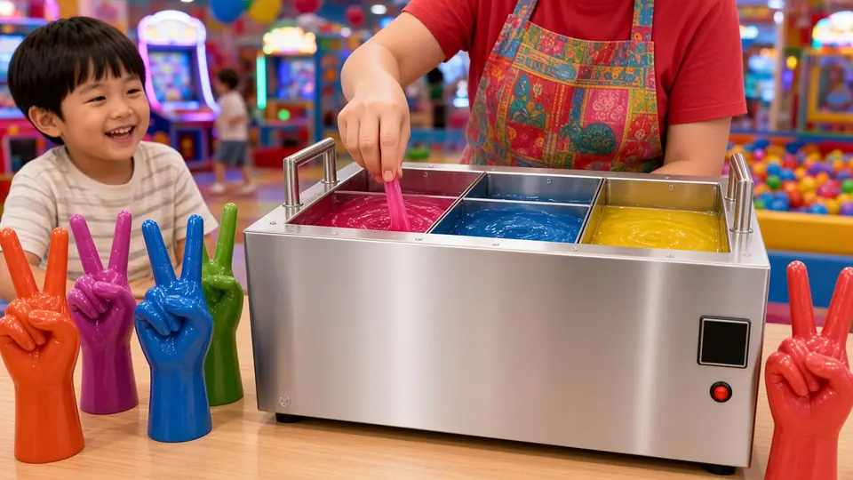 Illustration: colorful wax hand sculptures beside a stainless multi chamber wax hands machine at a family venue