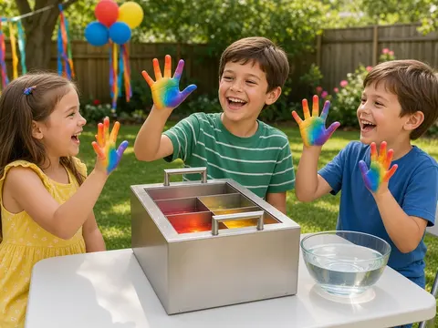 Laughing kids at a backyard birthday party holding up rainbow wax hands next to a stainless steel wax melter