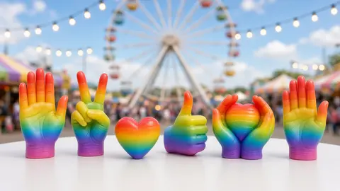 Rainbow wax hands, a heart and a thumbs up on a table at a carnival with a Ferris wheel and string lights