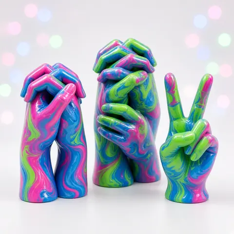 Close up of swirled pink, blue and green holding hands wax sculptures