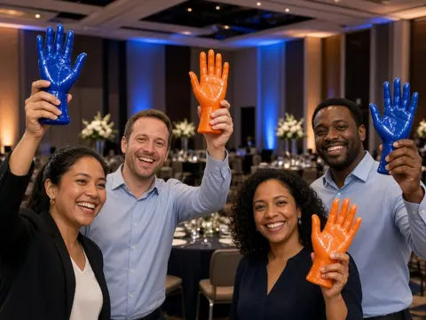 Smiling coworkers holding up colorful wax hands at a corporate gala