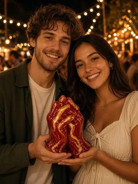 Couple holding a colorful holding hands wax sculpture they made together