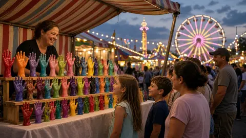 Wax hands booth at a county fair with a line of families