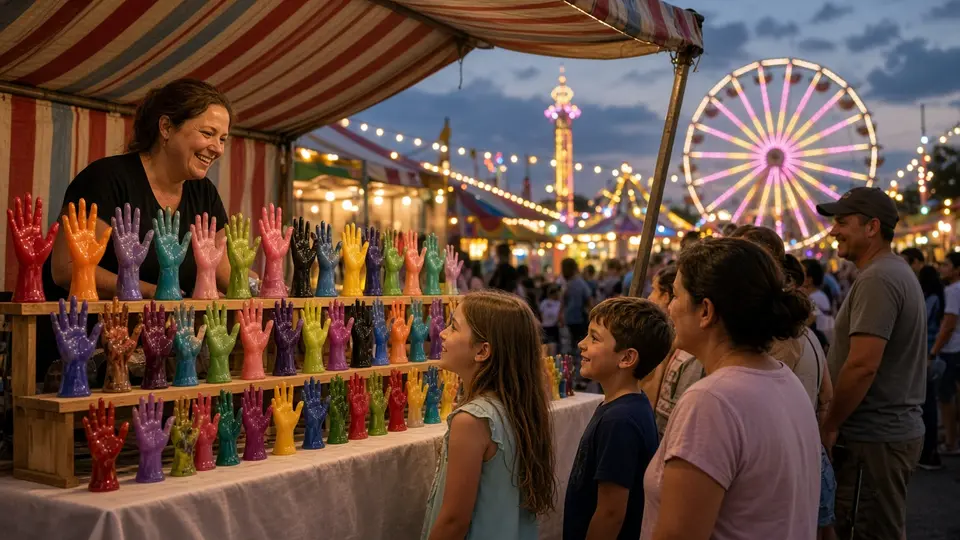 Busy wax hands booth at a county fair at dusk with rainbow wax hands on display and a Ferris wheel behind