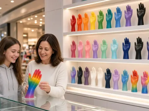 Mother and teen admiring a rainbow wax hand at a bright mall kiosk with shelves of colorful wax hands