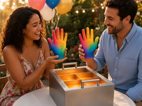 Couple at a backyard party at sunset holding rainbow wax hand sculptures above a stainless steel wax melter