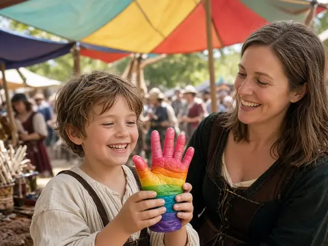 Smiling child holding a rainbow wax hand at a Renaissance festival booth with a costumed vendor