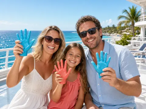 Family on a sunny resort deck by the ocean holding up their colorful wax hands