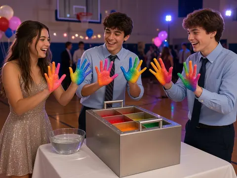 High school students at an after prom in a decorated gym showing colorful wax hands beside a stainless steel wax melter