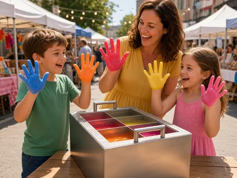 Mother and two kids laughing and showing bright wax hands at a sunny street fair booth with a stainless steel wax melter