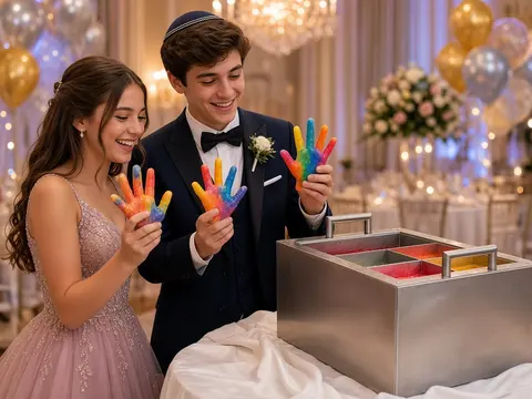Teen girl and boy in party clothes showing colorful wax hands beside a stainless steel wax melter at a banquet hall