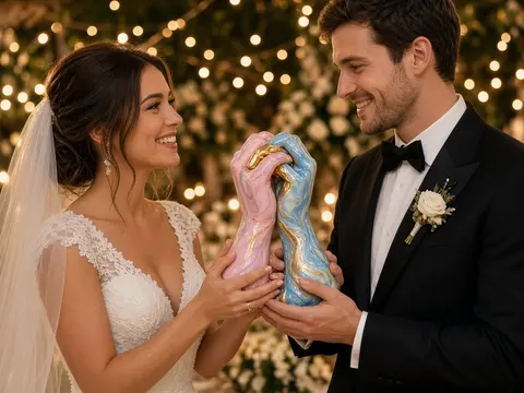 Bride and groom holding a pink, blue and gold wax sculpture of their clasped hands at a reception