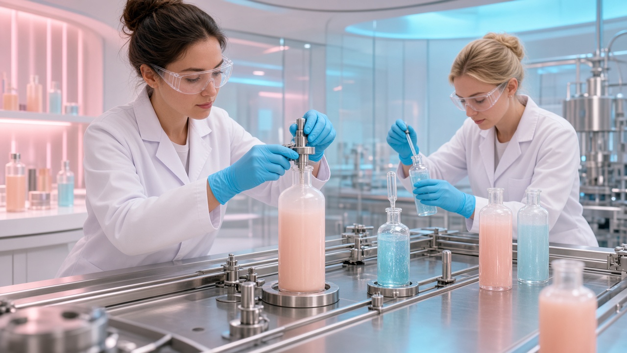 Lab technician filling a single-color pink cosmetic or soap product