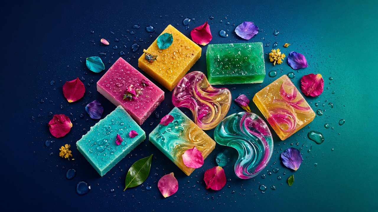 Colorful soap bars arranged in a bright production flat-lay