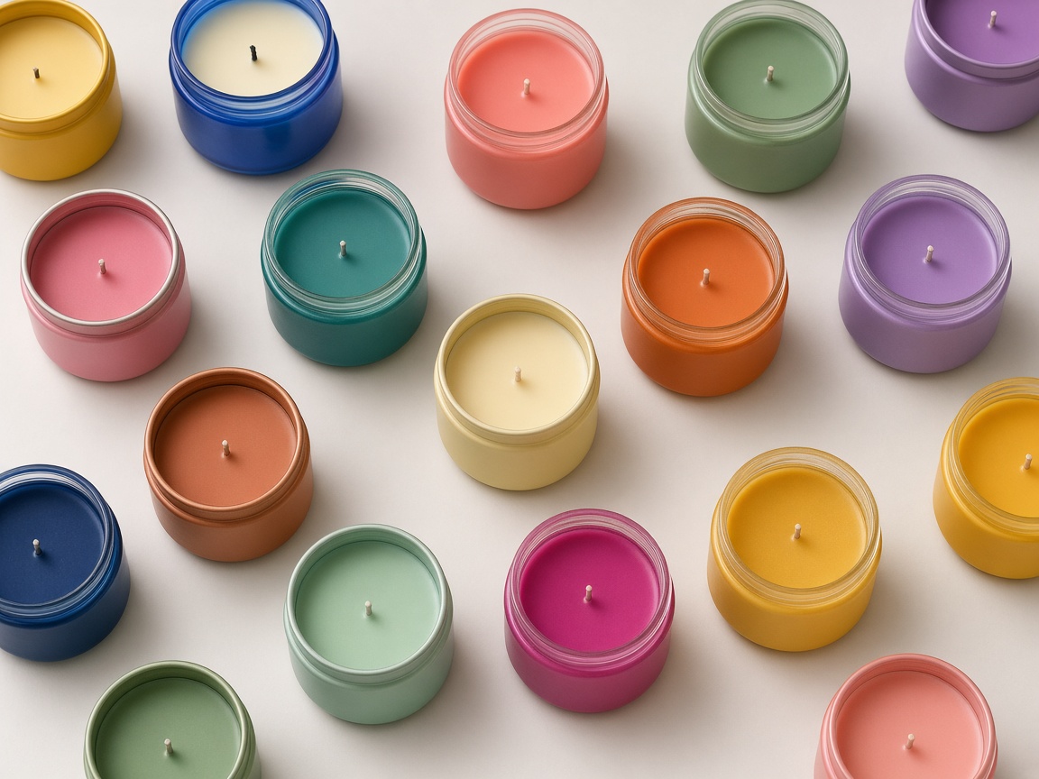 Colorful jar candles in a retail-ready grid