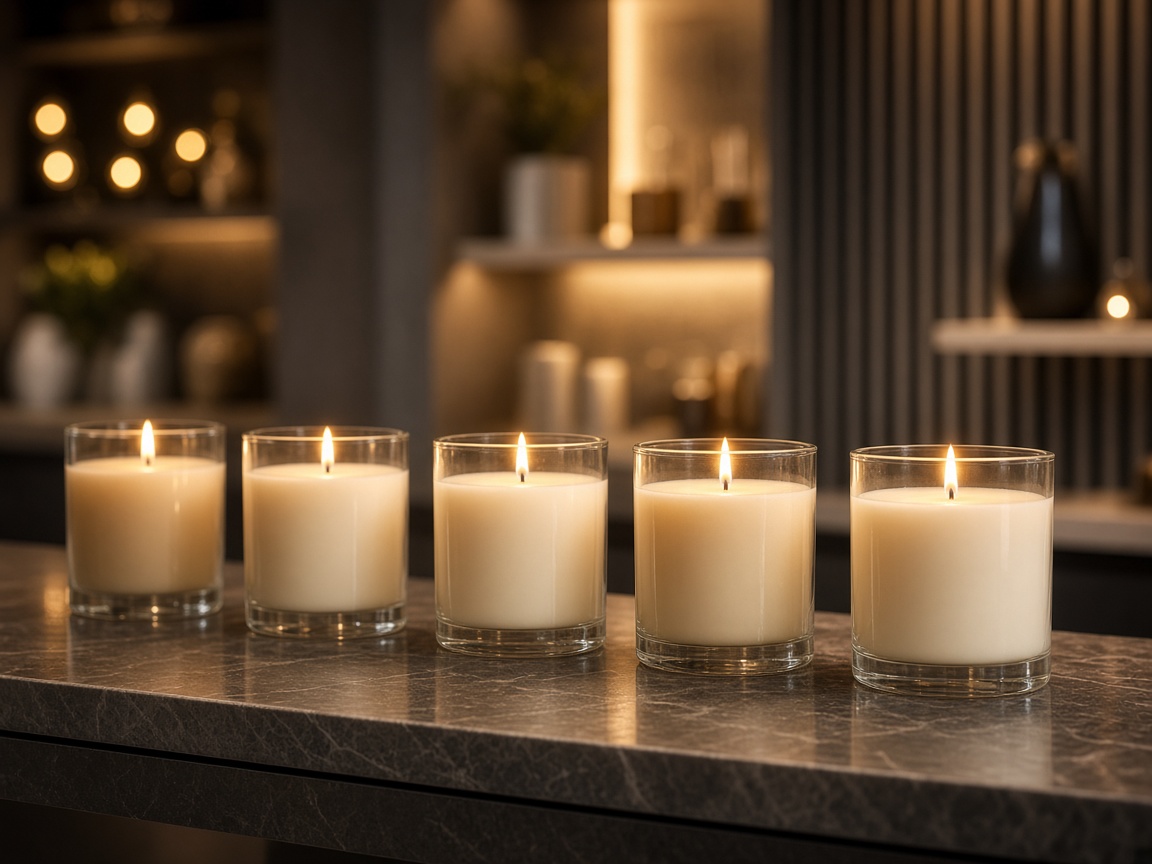 Boutique row of lit finished candles