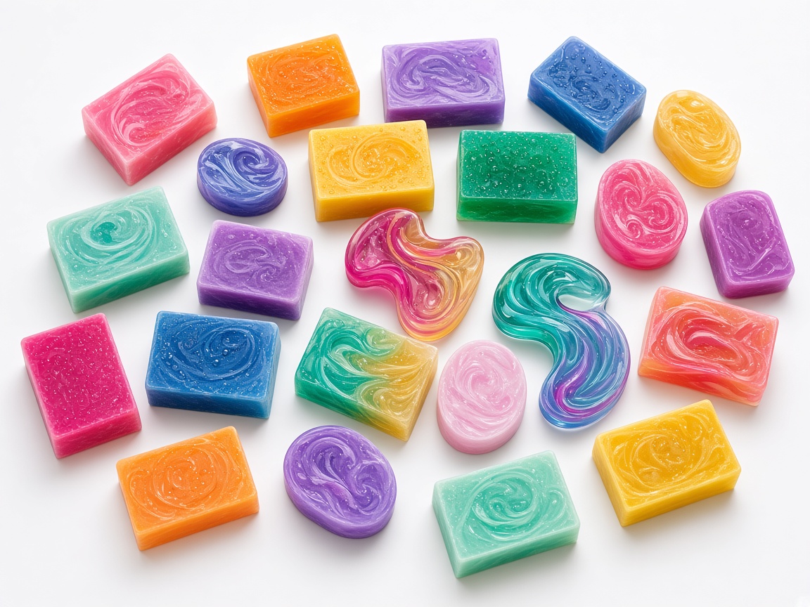 Colorful handmade soap bars in a vibrant flat-lay