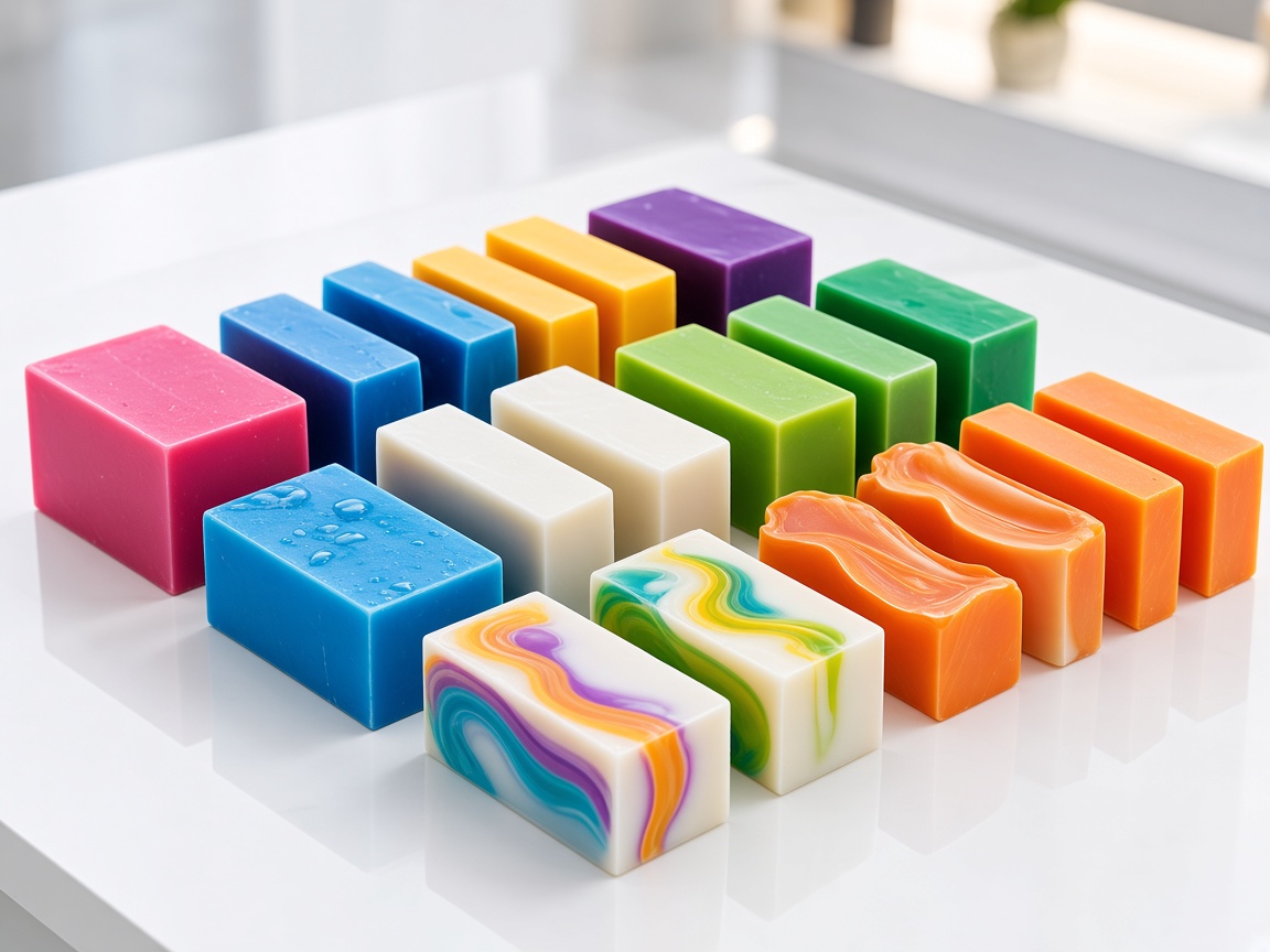 Stacked rows of colorful finished soap bars ready for retail