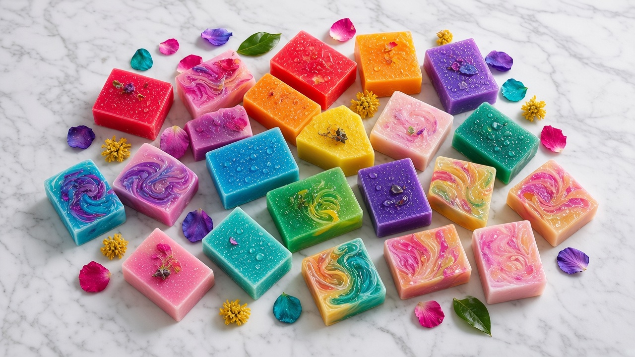 Marble rainbow soap bar display on a modern counter