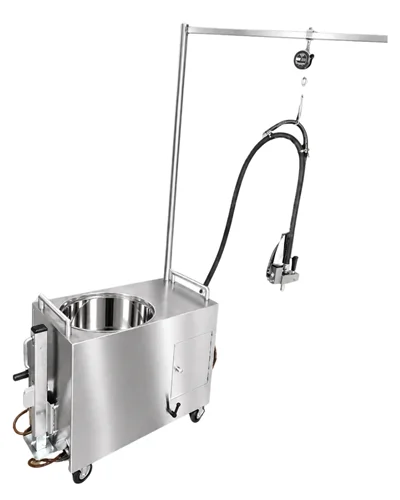 WaxMelters Pour X-Press 3000 rear view showing pump and plumbing beneath the tank